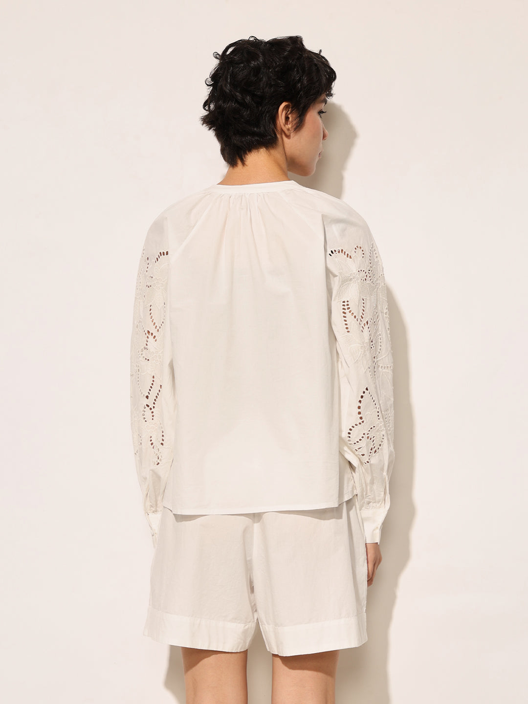 White Embroidered Balloon Sleeves Top