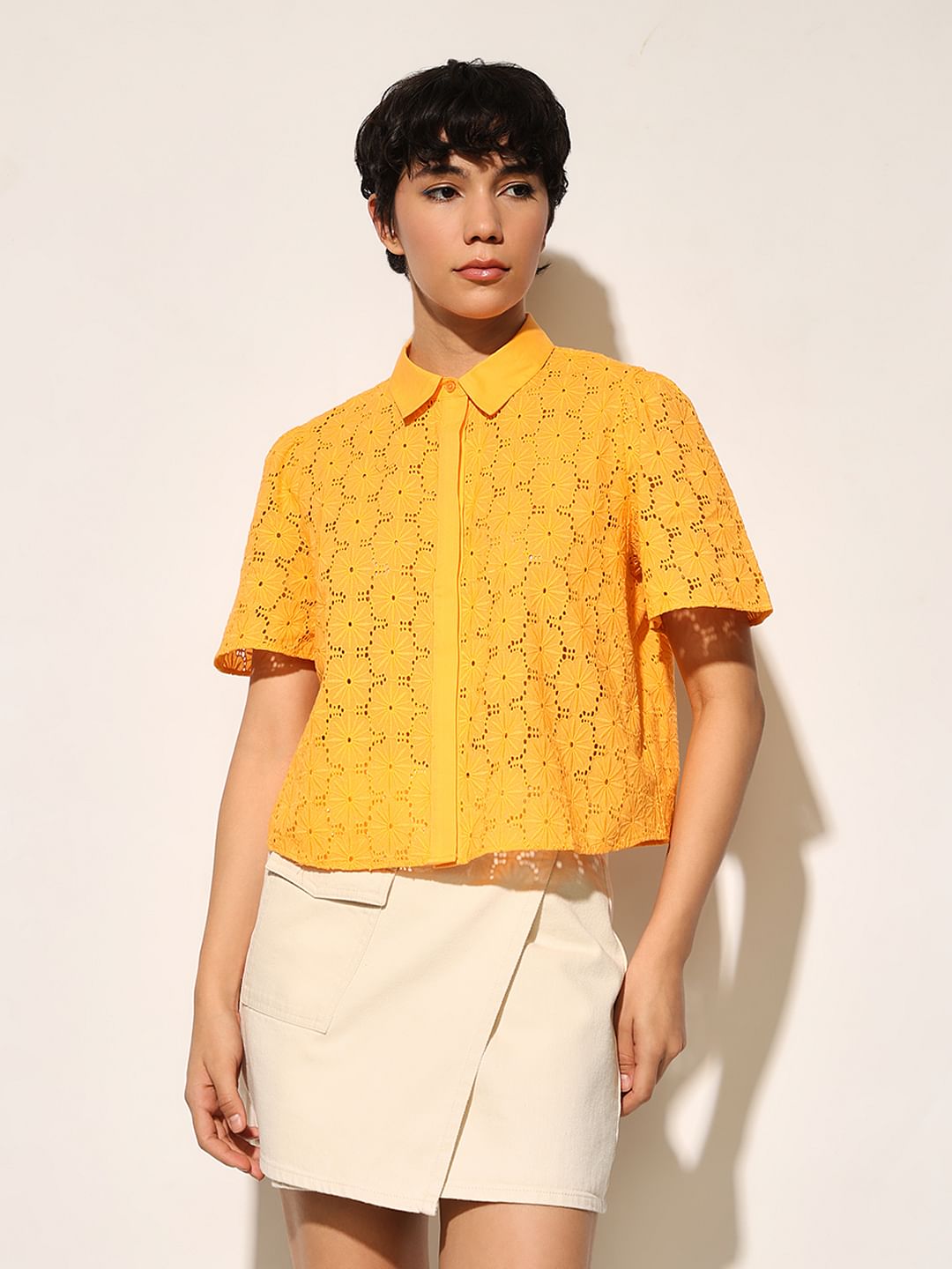 Yellow Schiffli Cotton Shirt