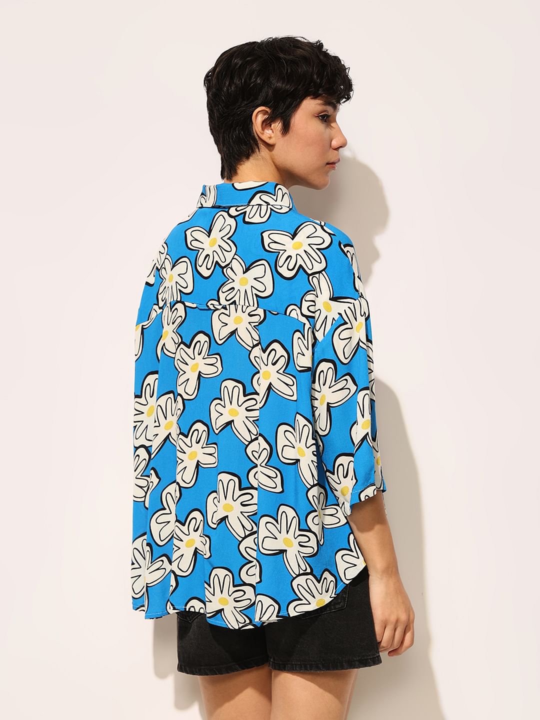 Blue Printed Oversized Viscose Shirt