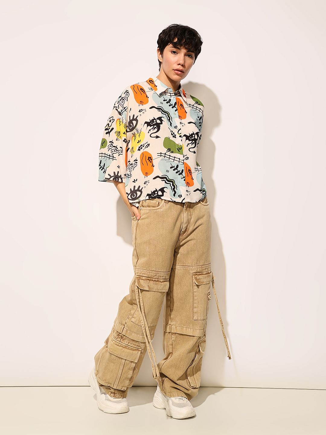 White Printed Oversized Viscose Shirt