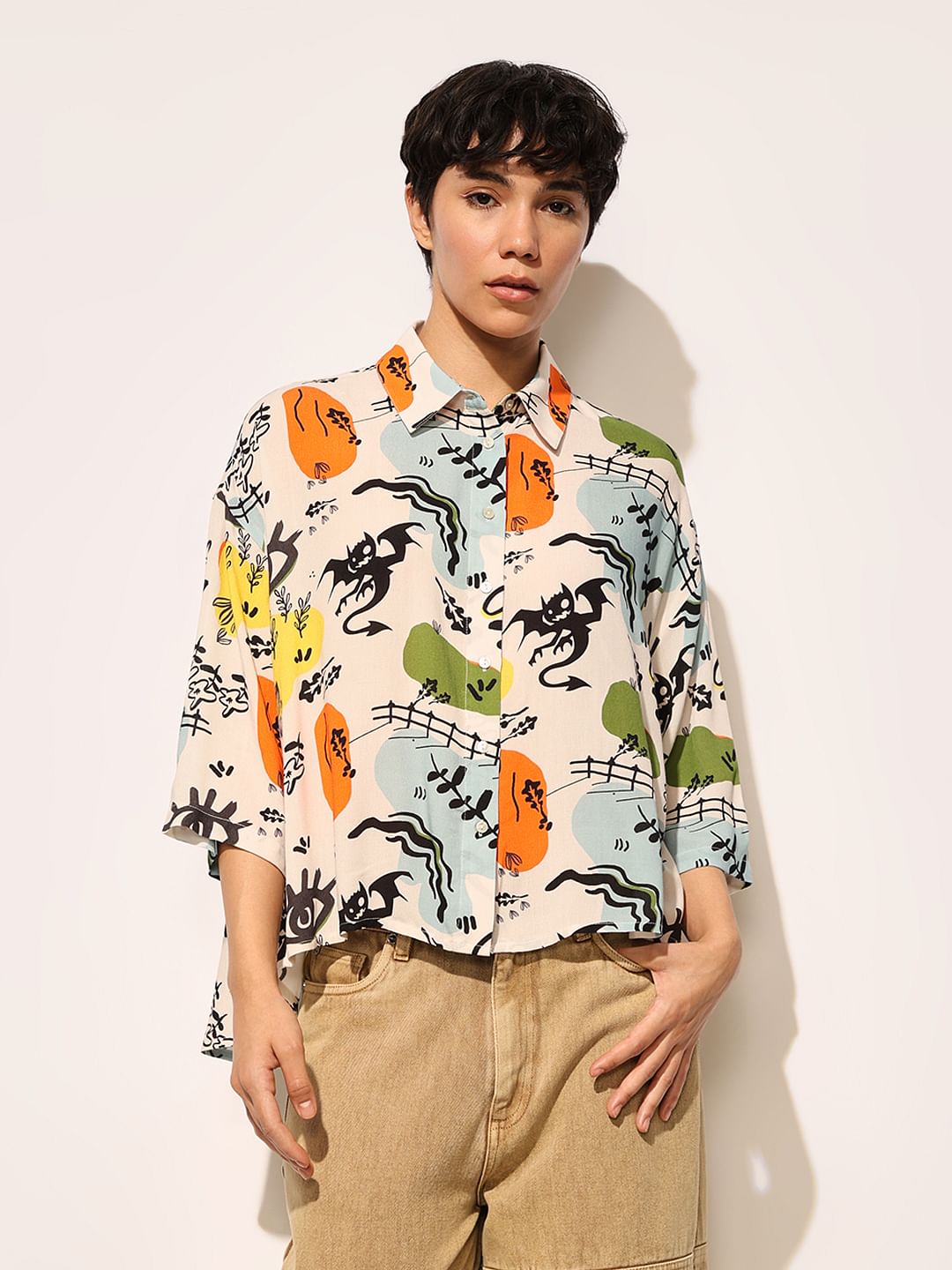 White Printed Oversized Viscose Shirt