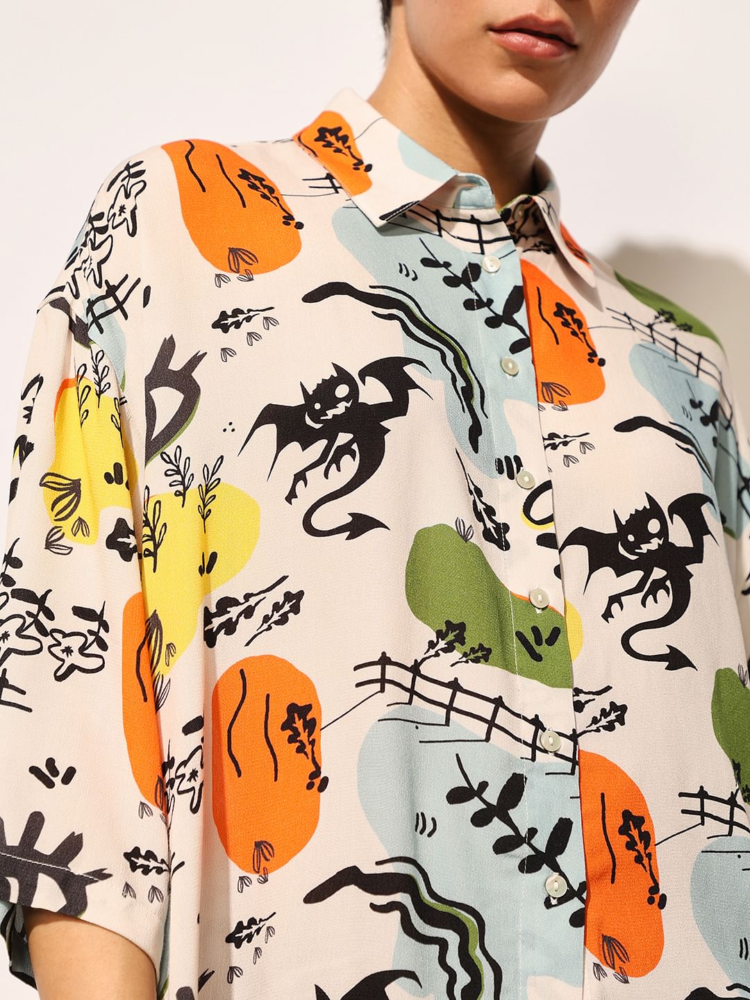 White Printed Oversized Viscose Shirt