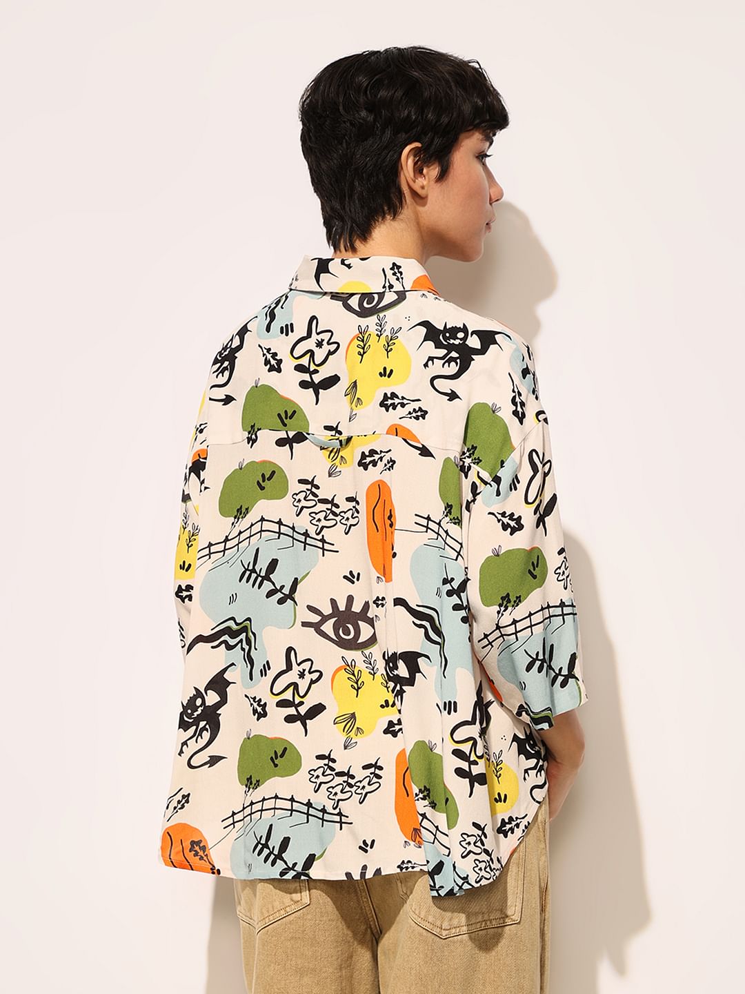White Printed Oversized Viscose Shirt