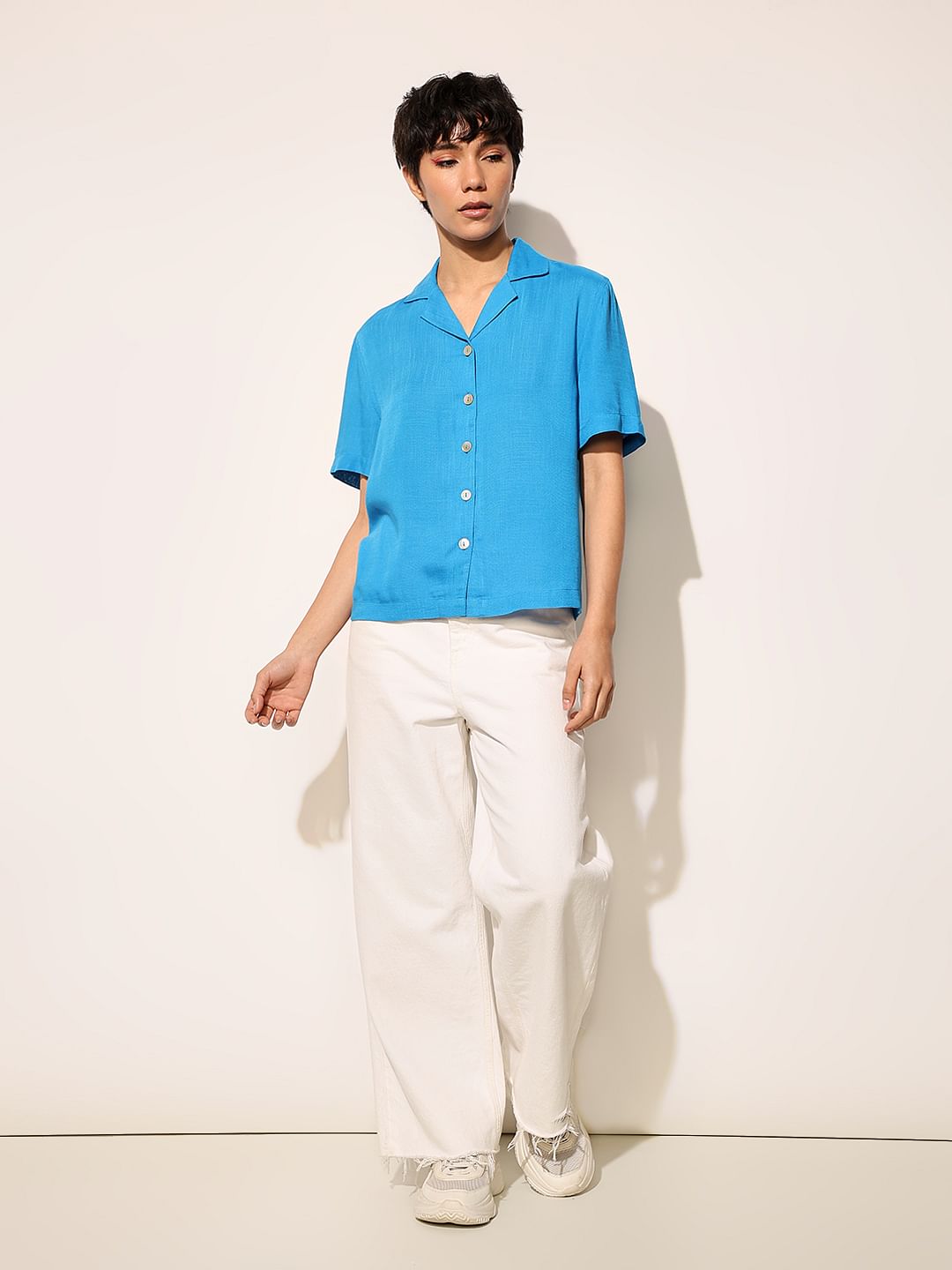 Blue Lapel Collar Viscose Shirt