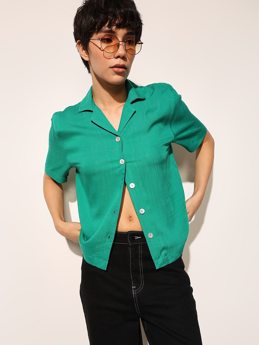 Green Lapel Collar Viscose Shirt