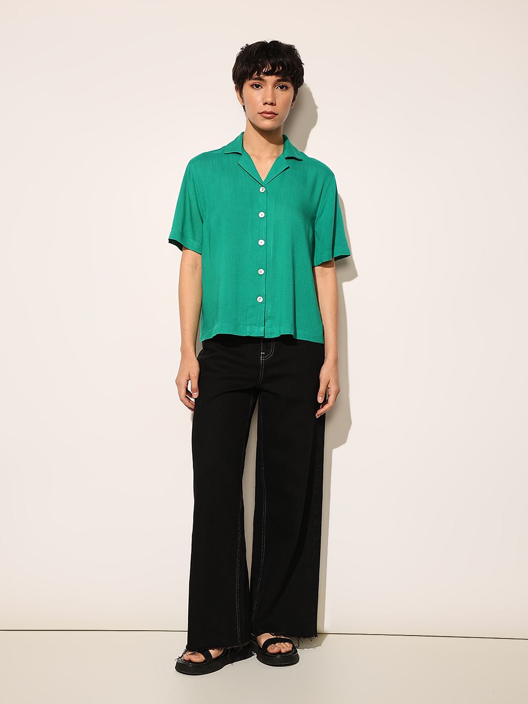 Green Lapel Collar Viscose Shirt