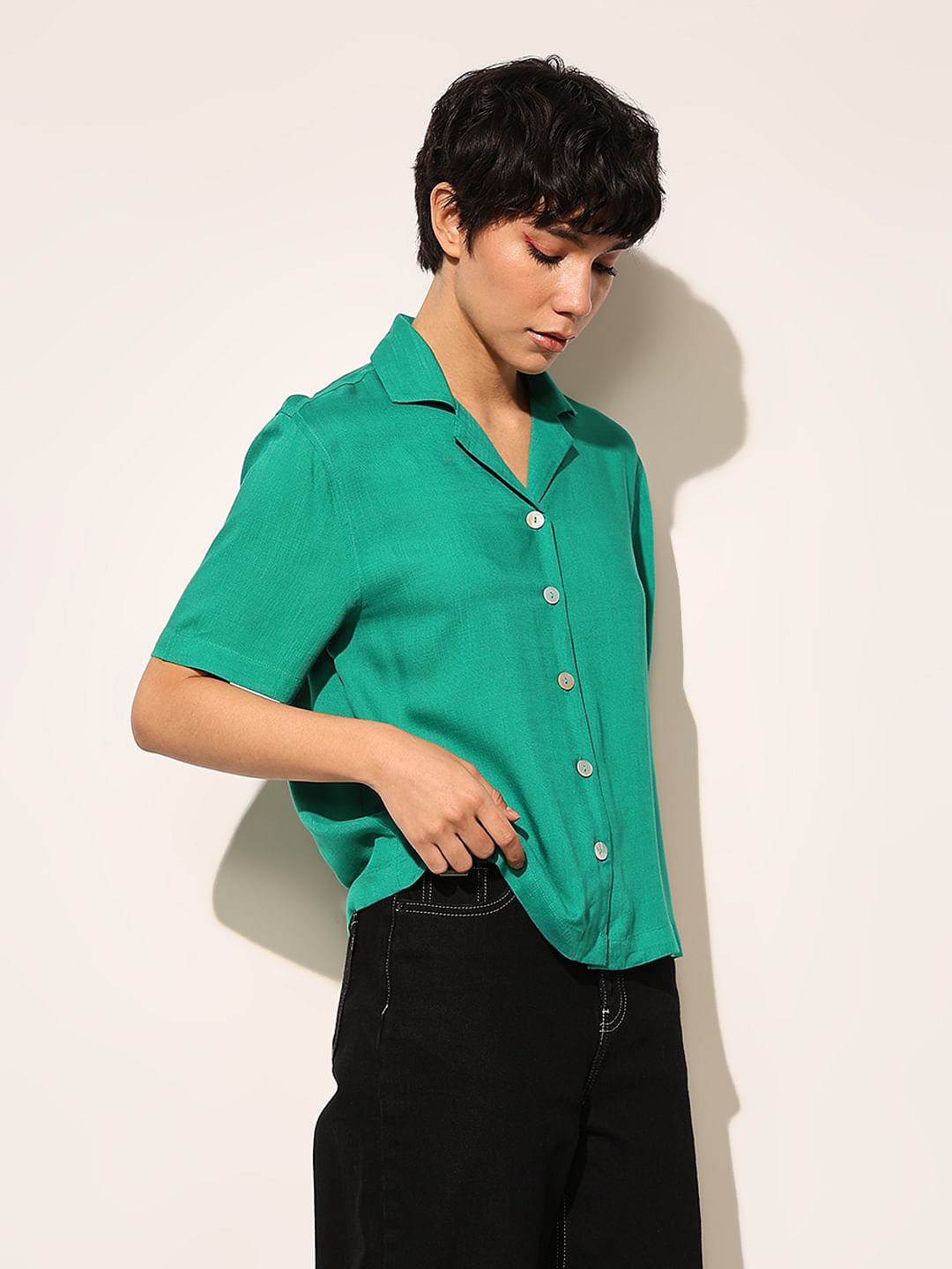 Green Lapel Collar Viscose Shirt