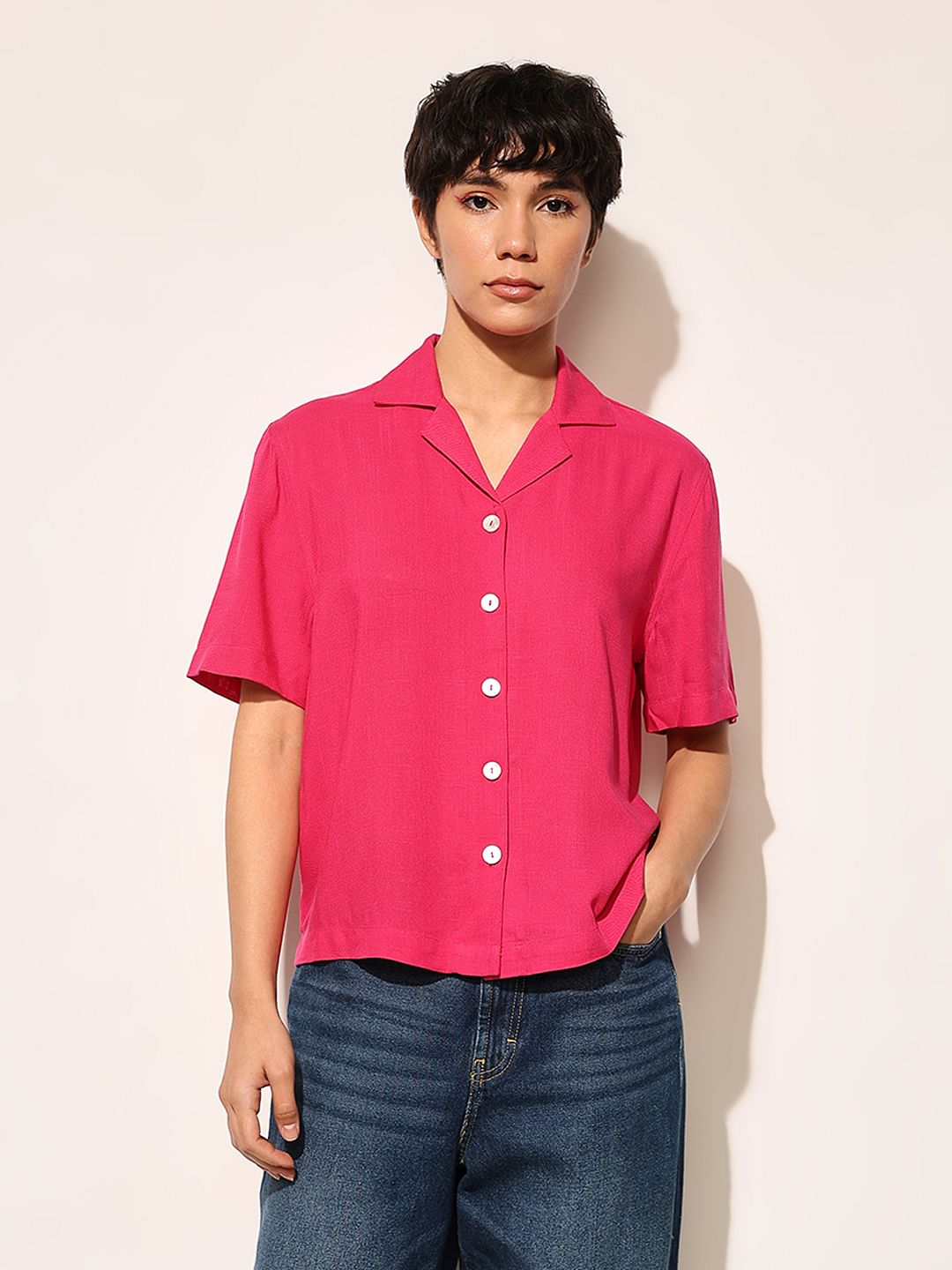 Pink Lapel Collar Viscose Shirt