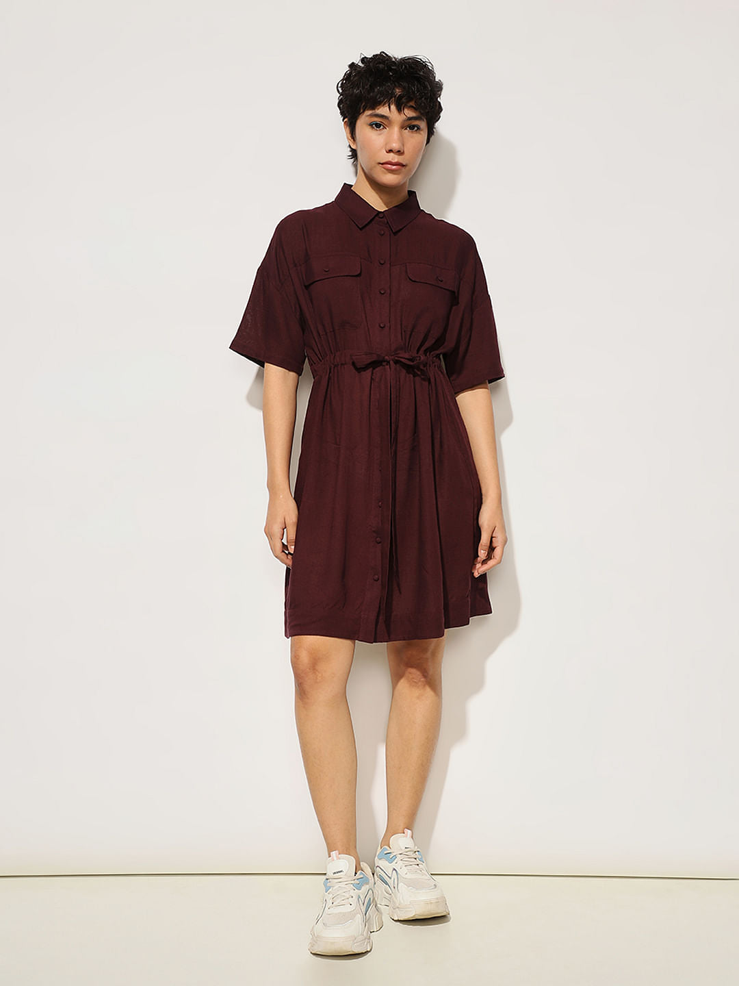 Maroon Tie Belt Shirt Dress
