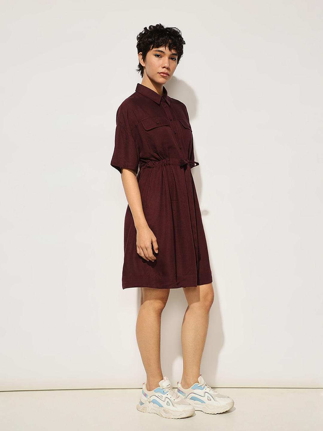 Maroon Tie Belt Shirt Dress