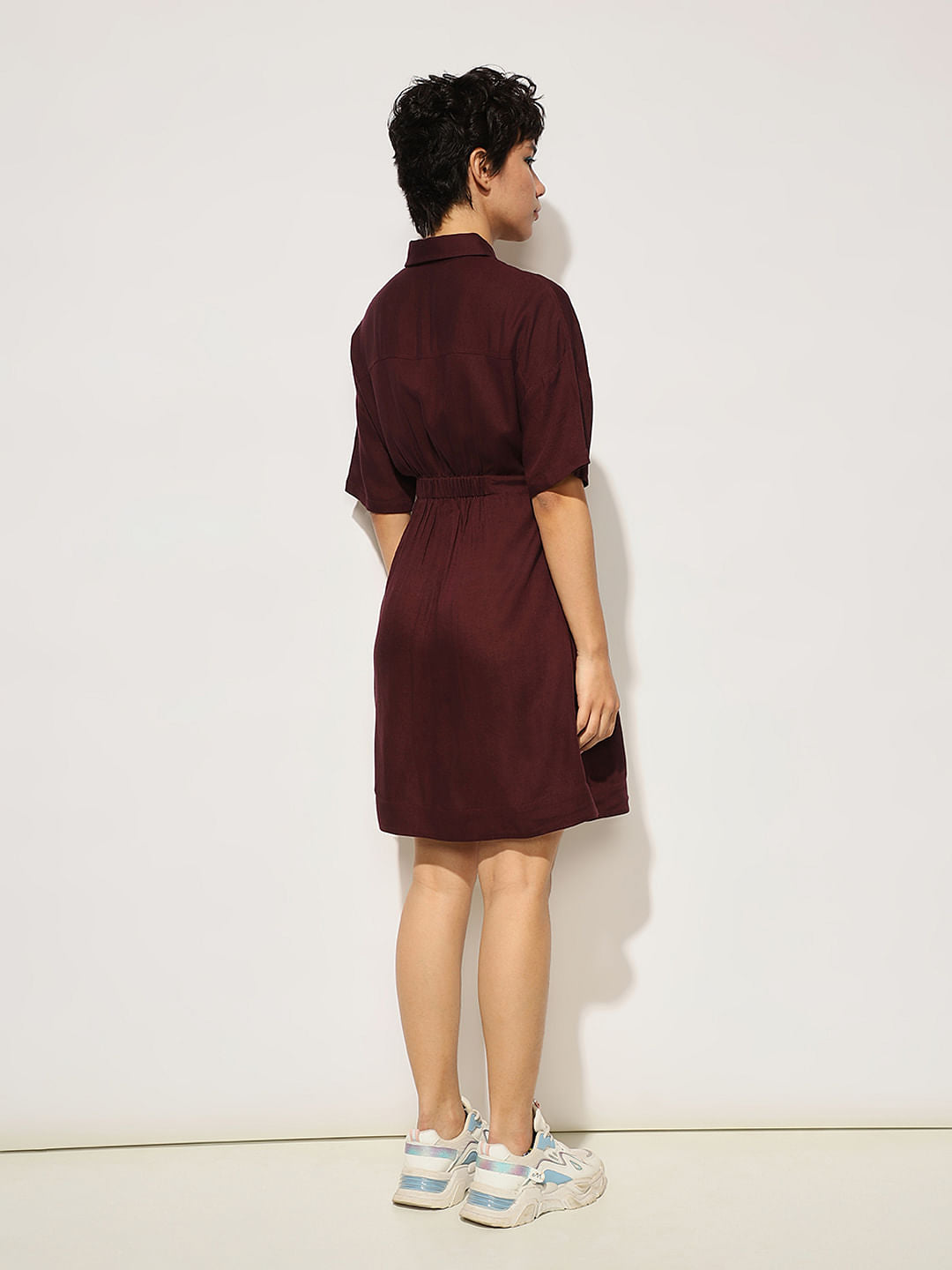 Maroon Tie Belt Shirt Dress