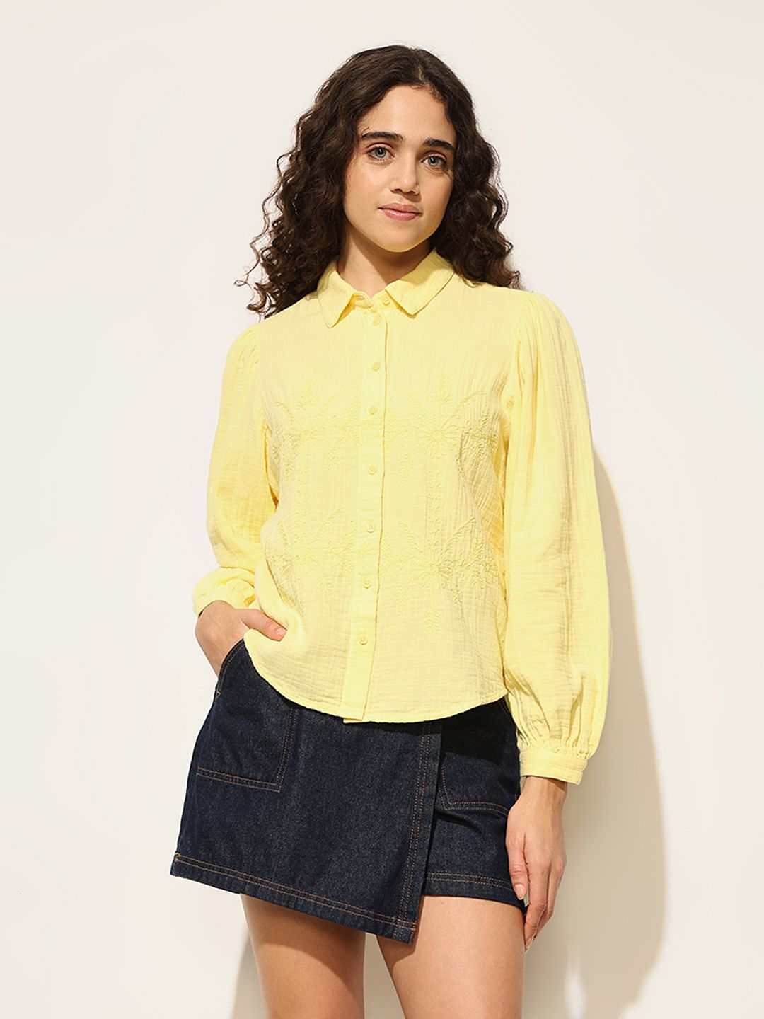 Yellow Embroidered Cotton Shirt