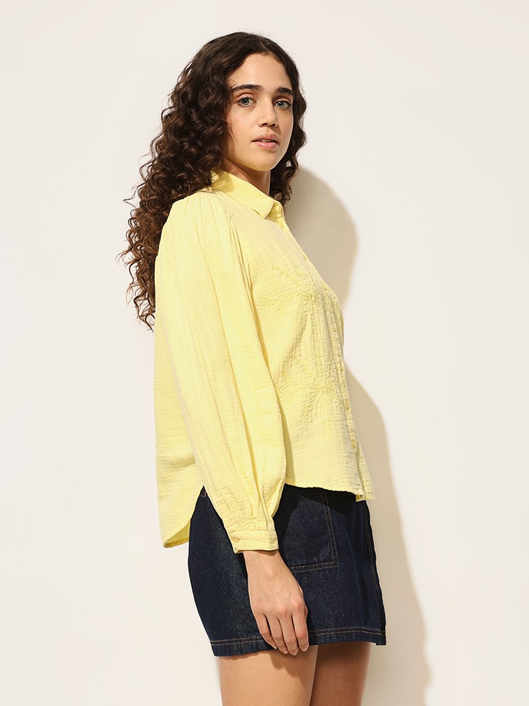 Yellow Embroidered Cotton Shirt