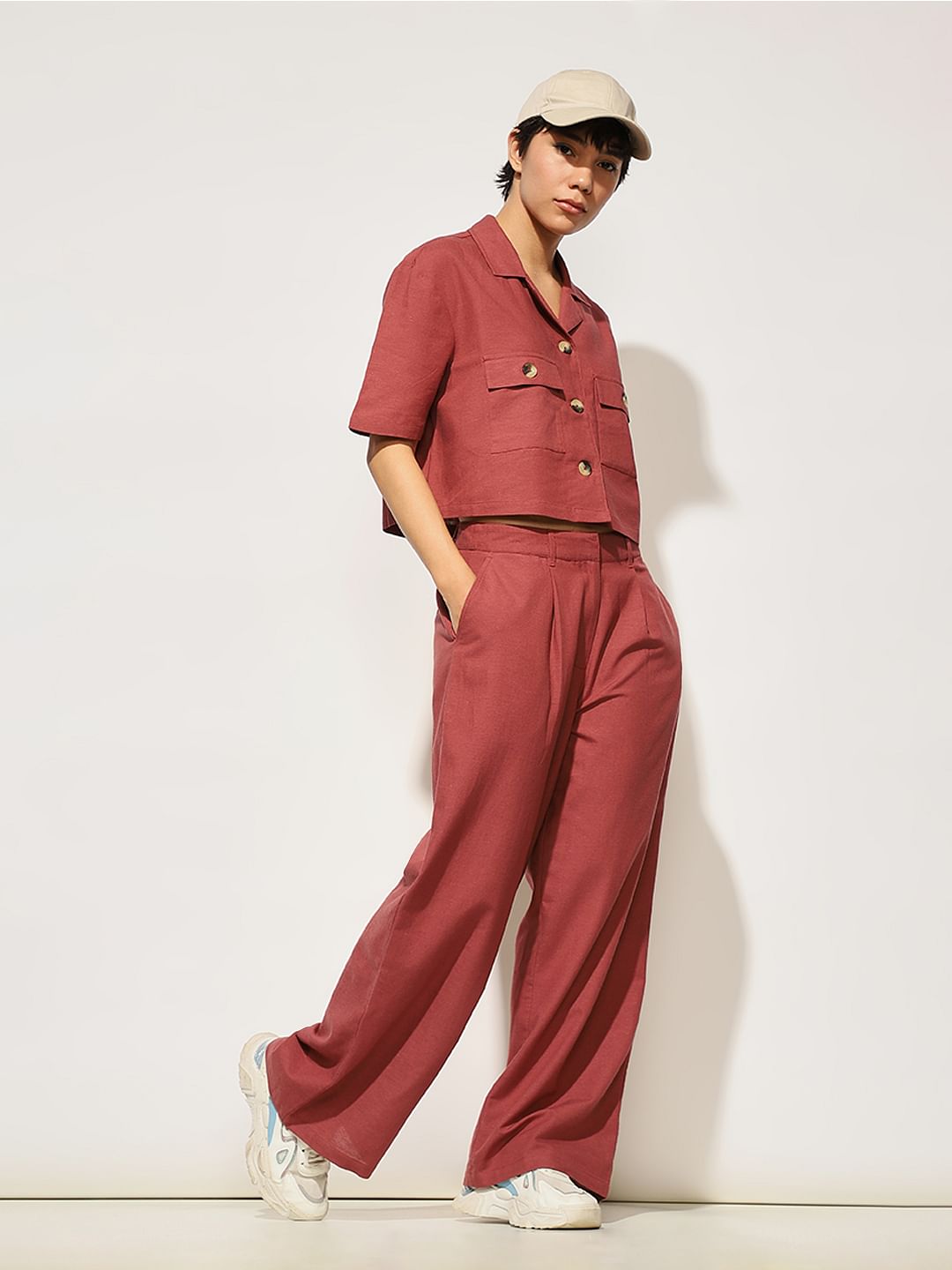 Maroon Linen Blend Pants