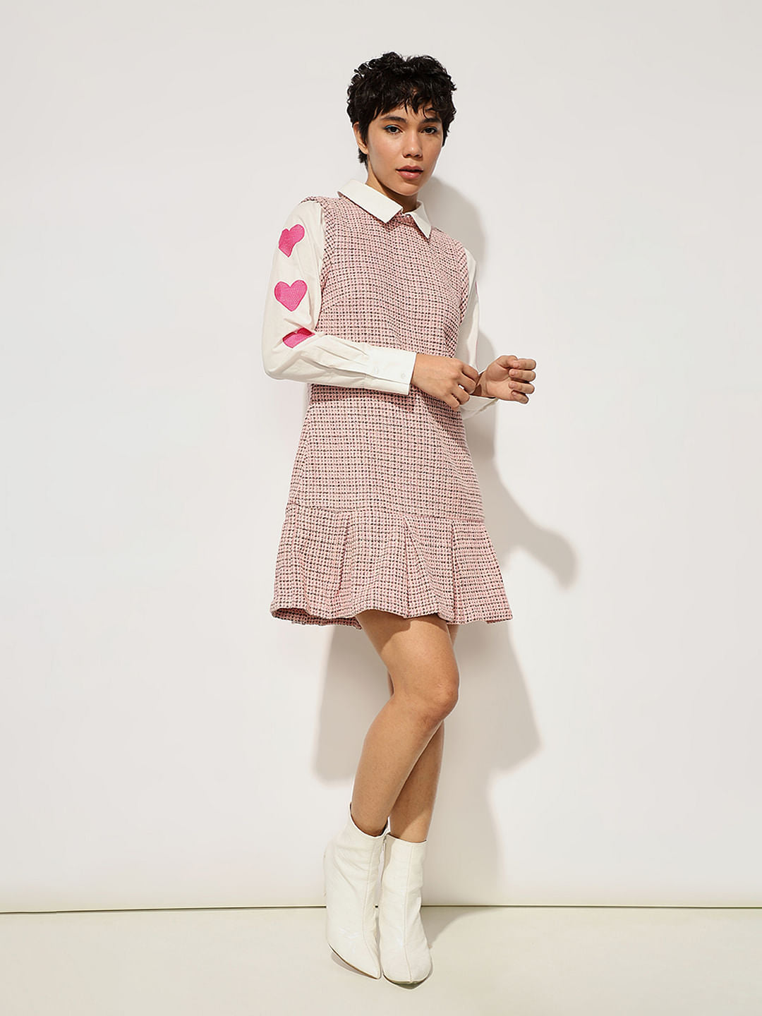 Pink Shirt Insert Tweed Dress