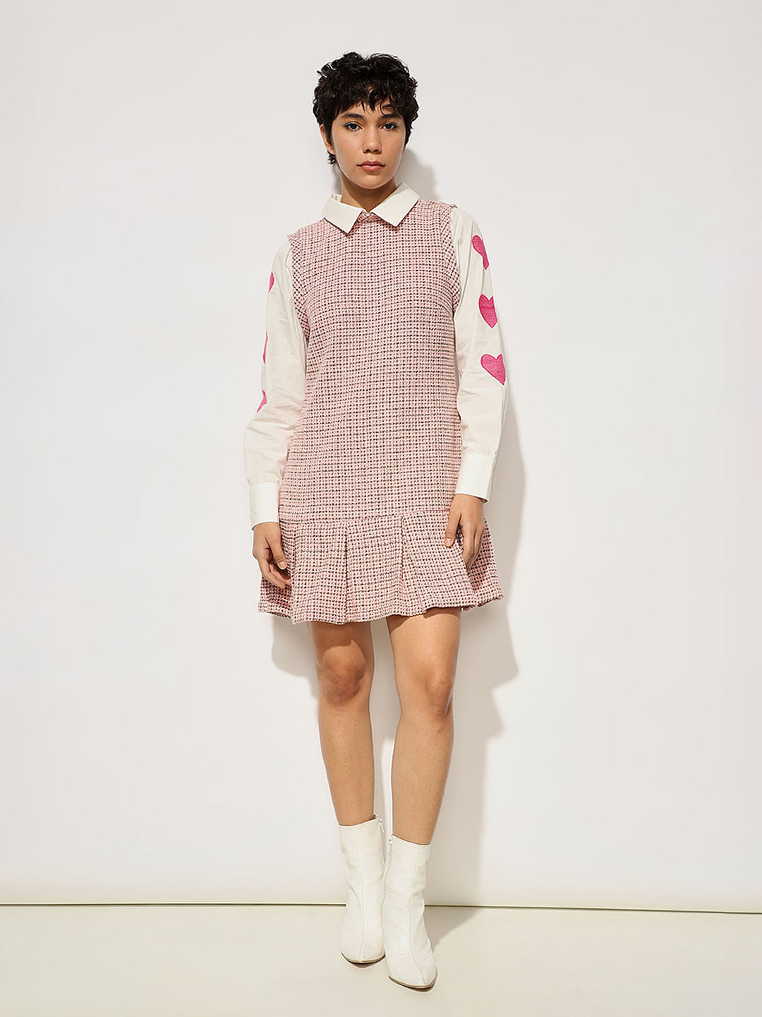 Pink Shirt Insert Tweed Dress