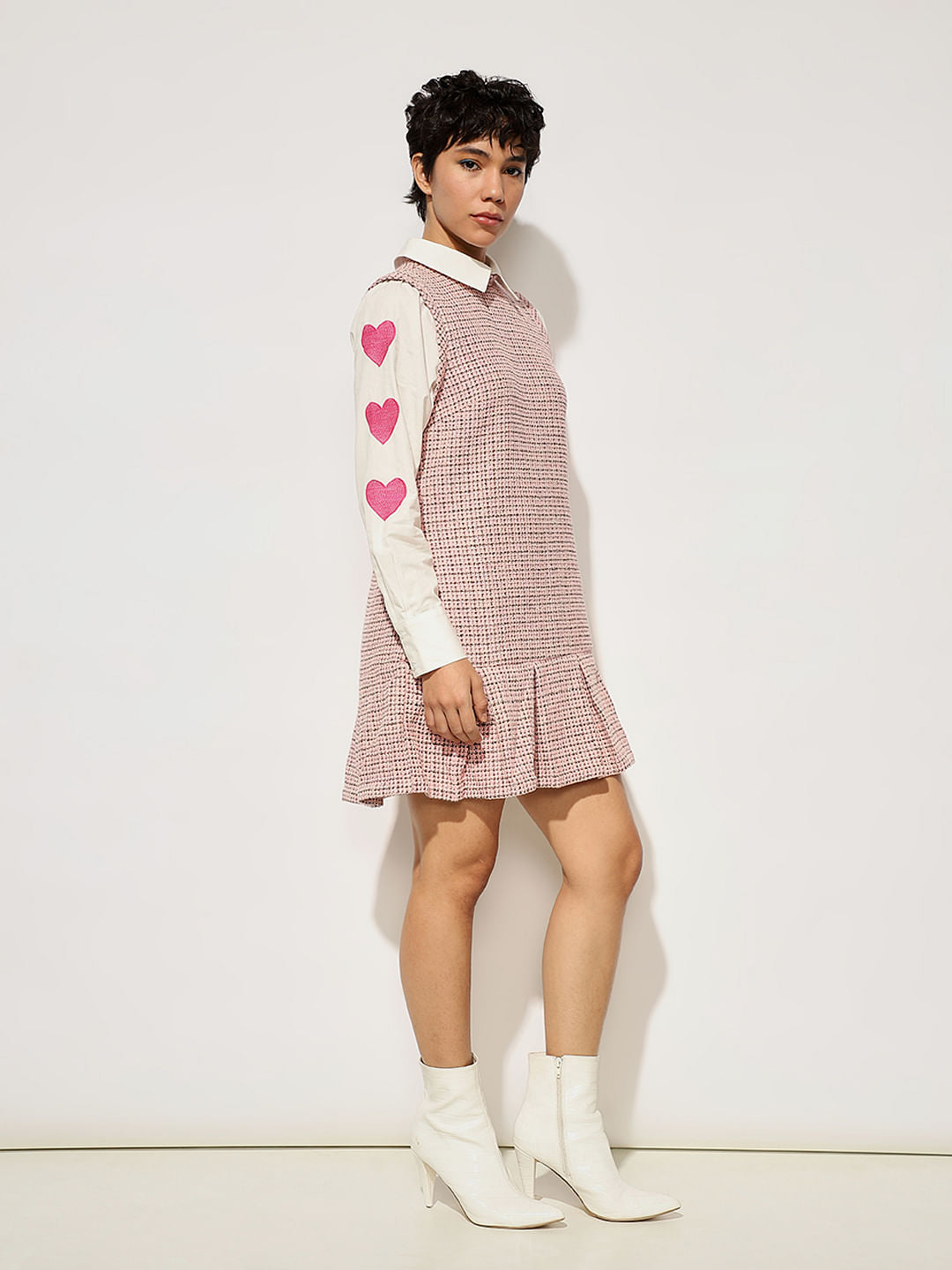 Pink Shirt Insert Tweed Dress