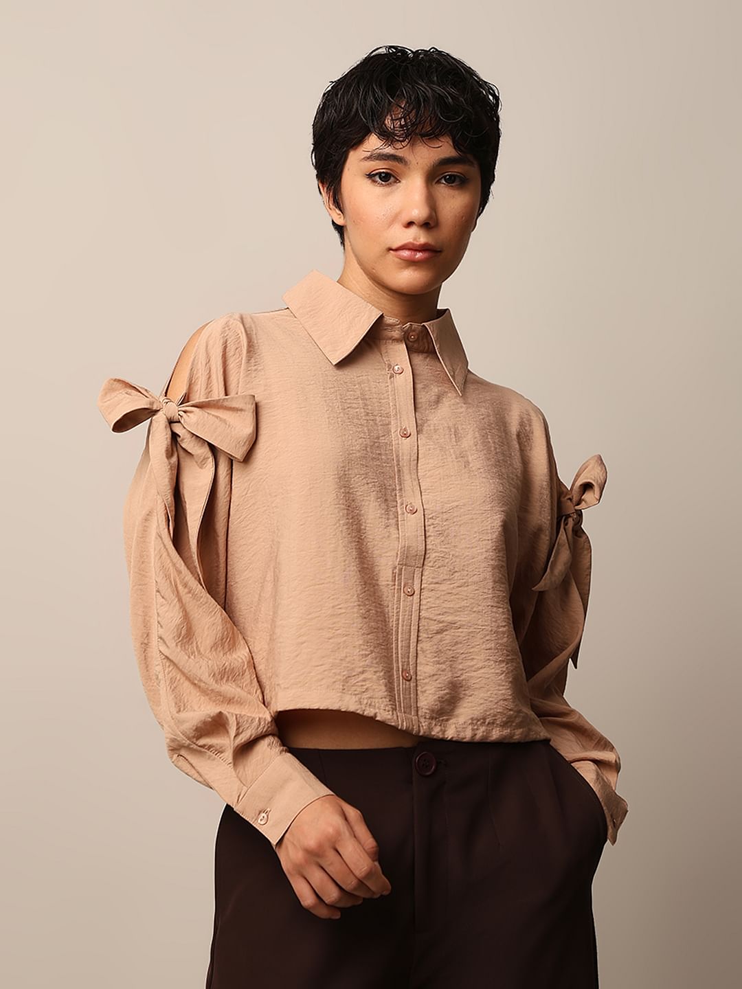 Brown Bow Knot Detail Shirt