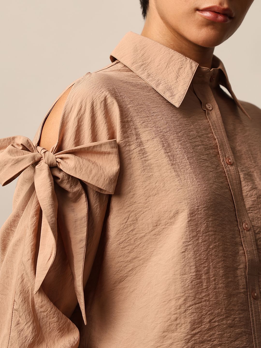 Brown Bow Knot Detail Shirt