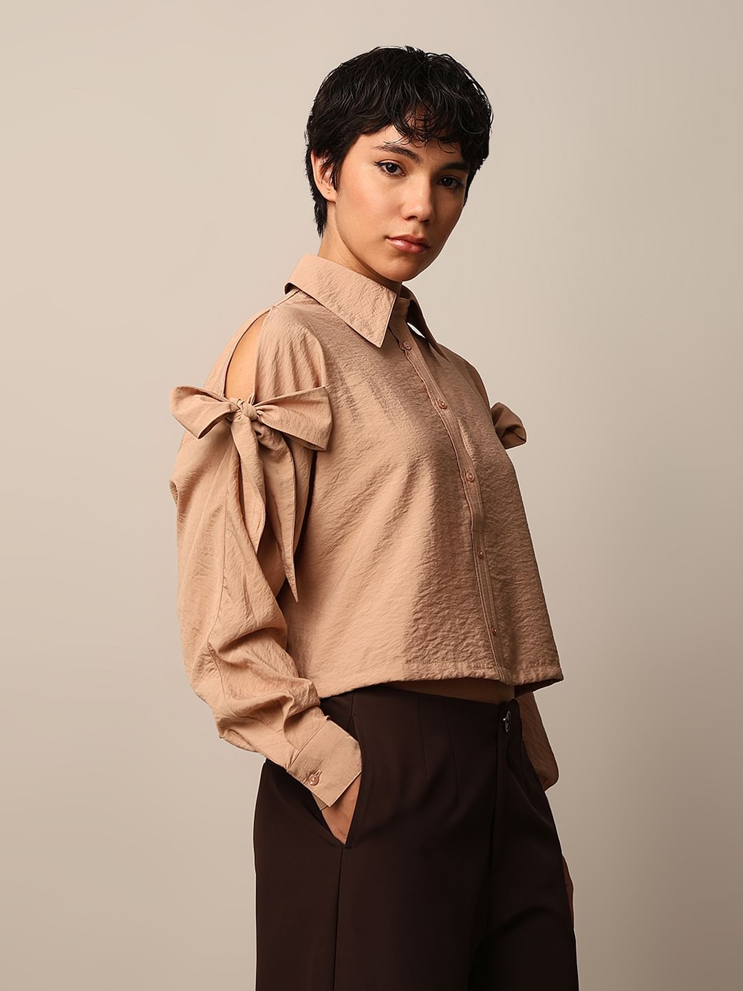 Brown Bow Knot Detail Shirt