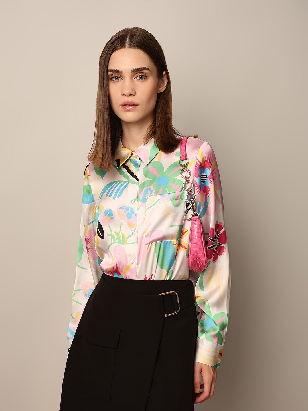 White Floral Print Satin Shirt