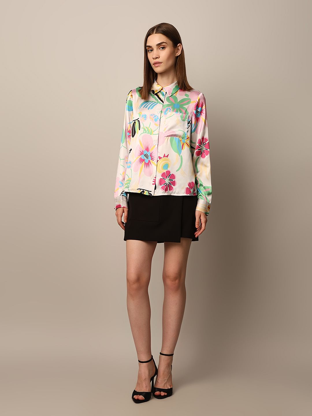 White Floral Print Satin Shirt