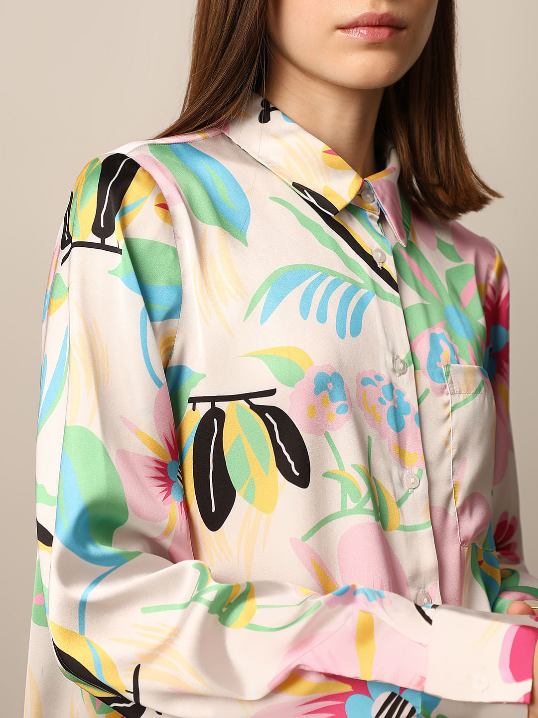 White Floral Print Satin Shirt
