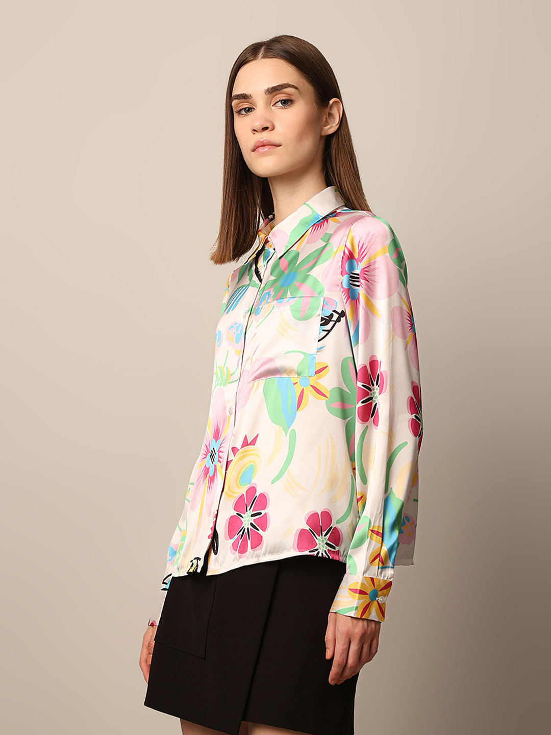 White Floral Print Satin Shirt