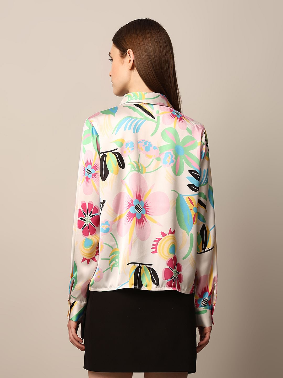 White Floral Print Satin Shirt