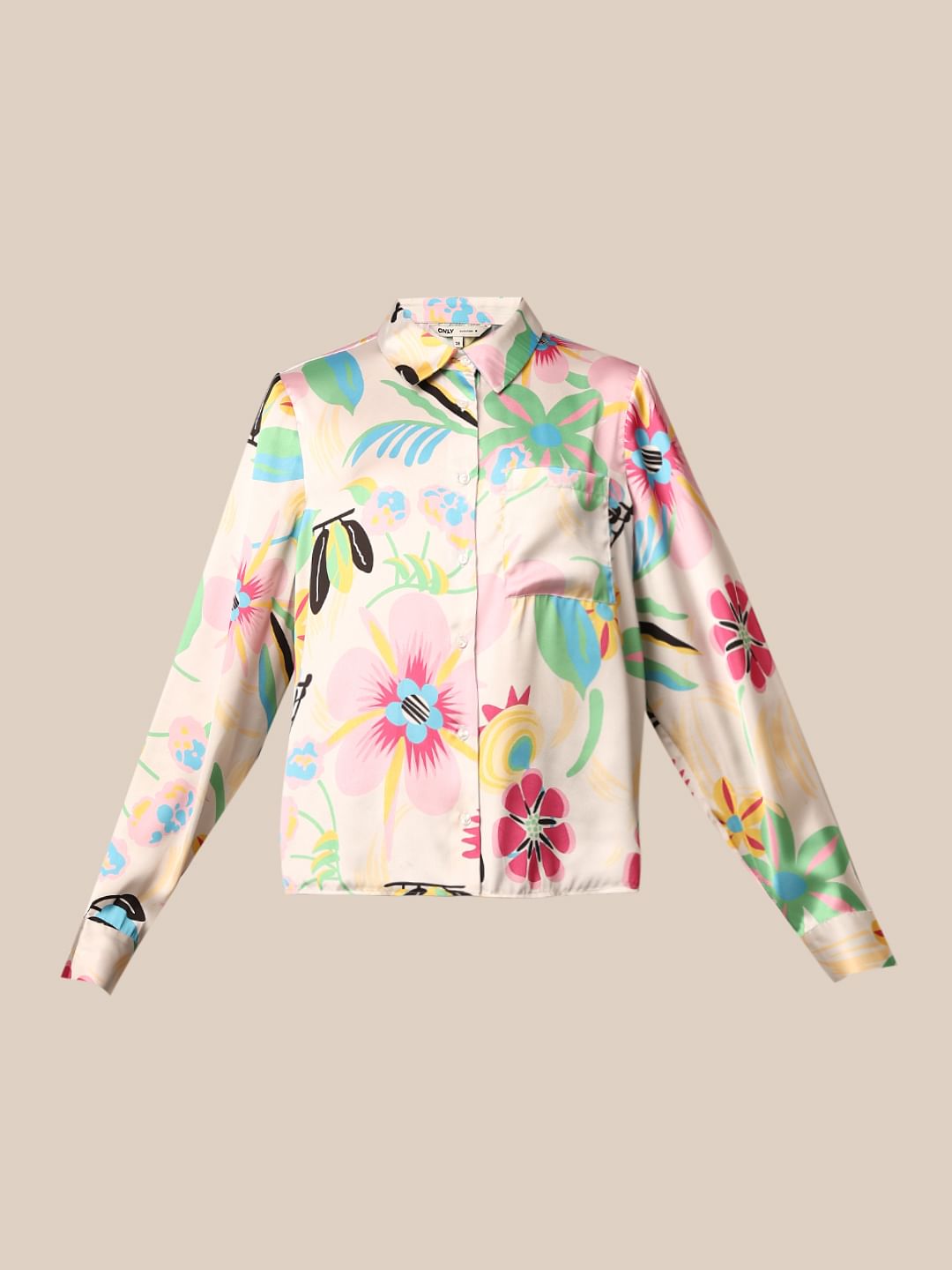 White Floral Print Satin Shirt