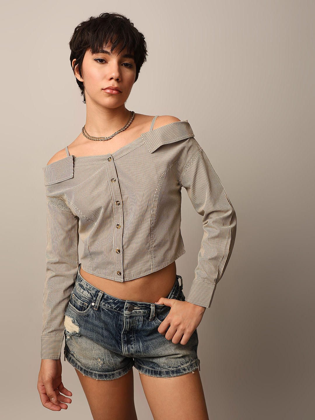 Olive Striped Off-Shoulder Shirt