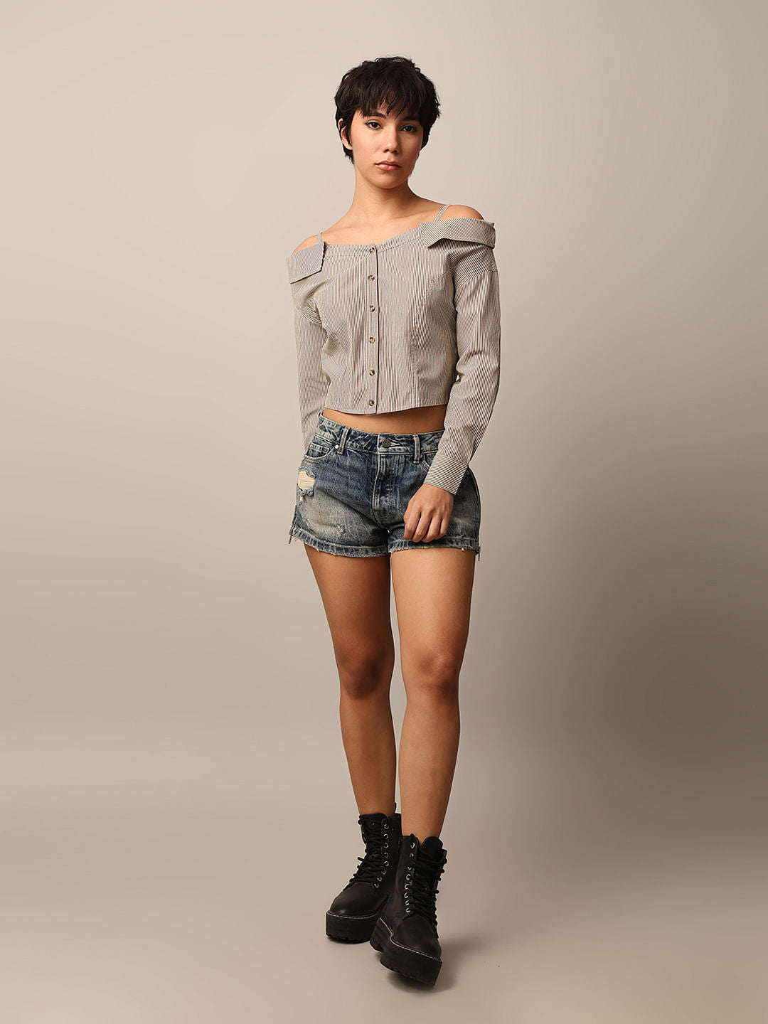 Olive Striped Off-Shoulder Shirt