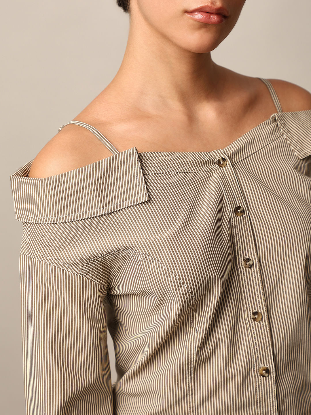 Olive Striped Off-Shoulder Shirt