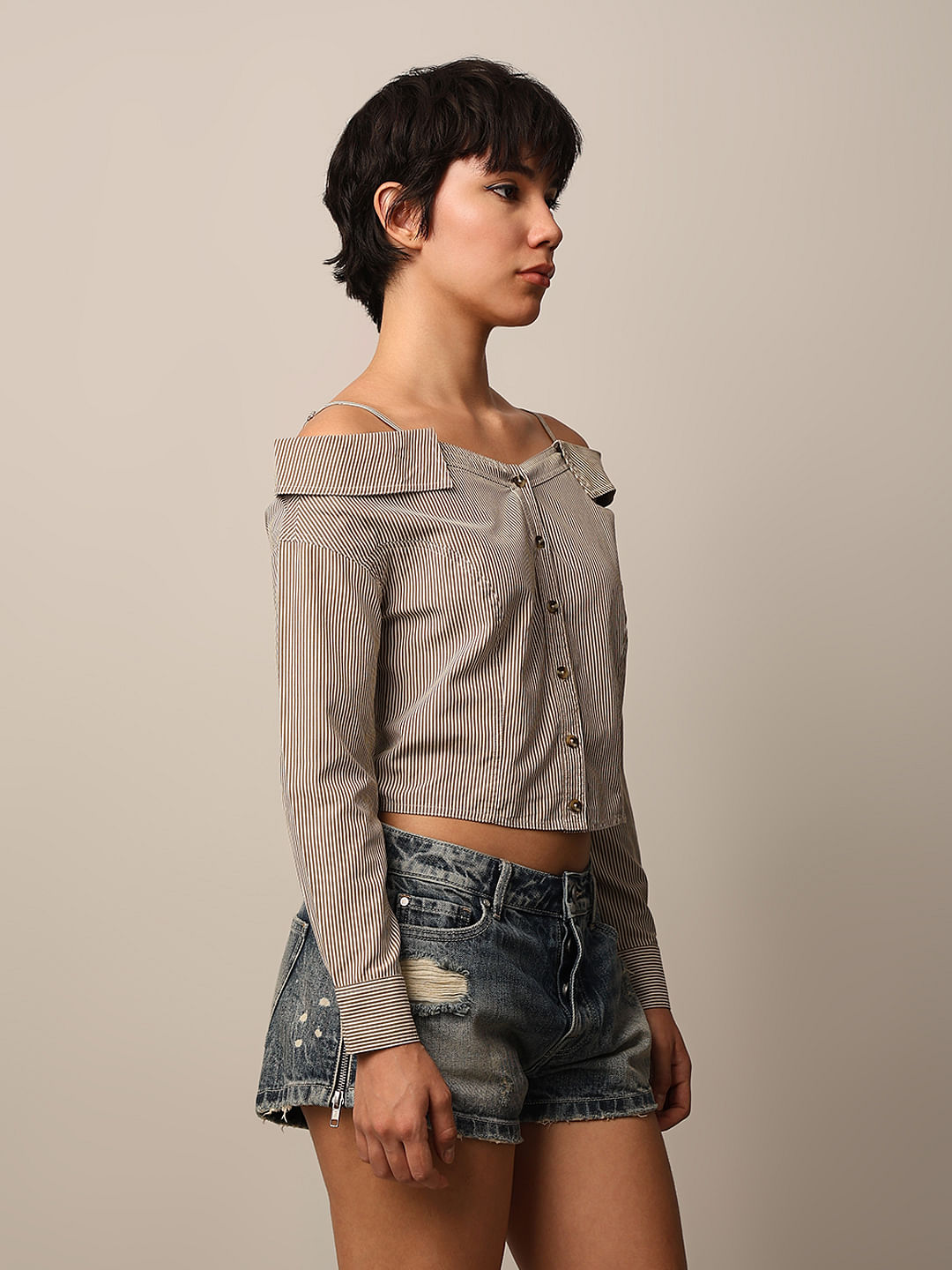 Olive Striped Off-Shoulder Shirt