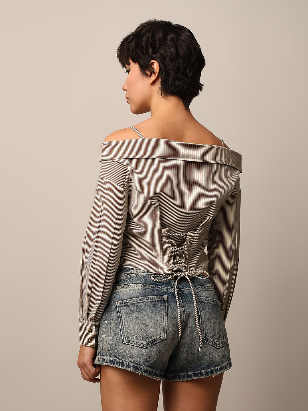 Olive Striped Off-Shoulder Shirt