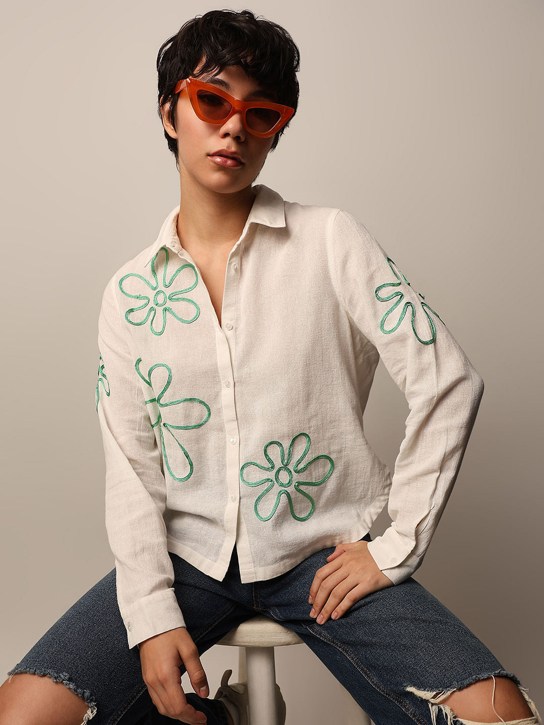 White Cotton Embroidered Shirt