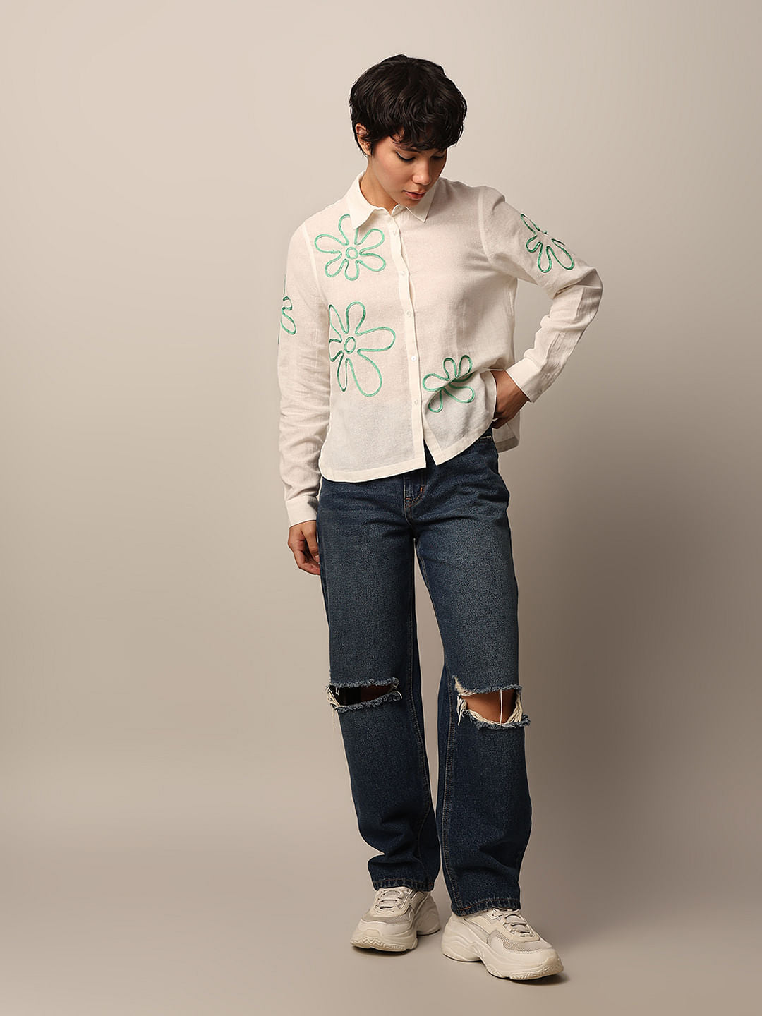 White Cotton Embroidered Shirt