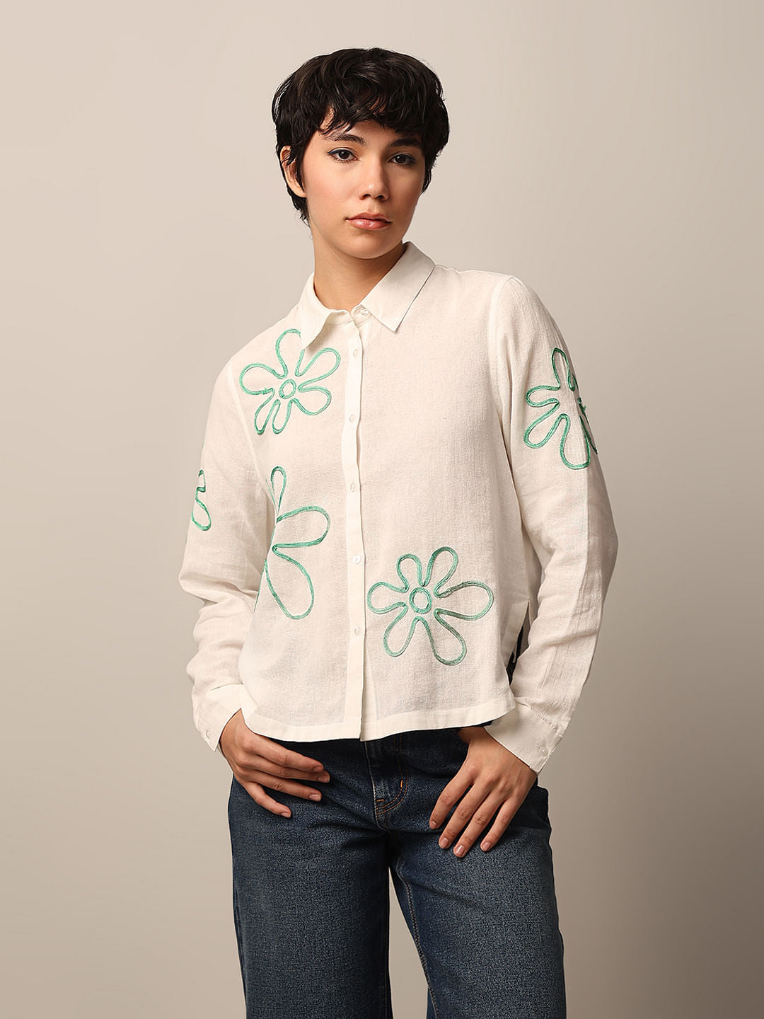 White Cotton Embroidered Shirt
