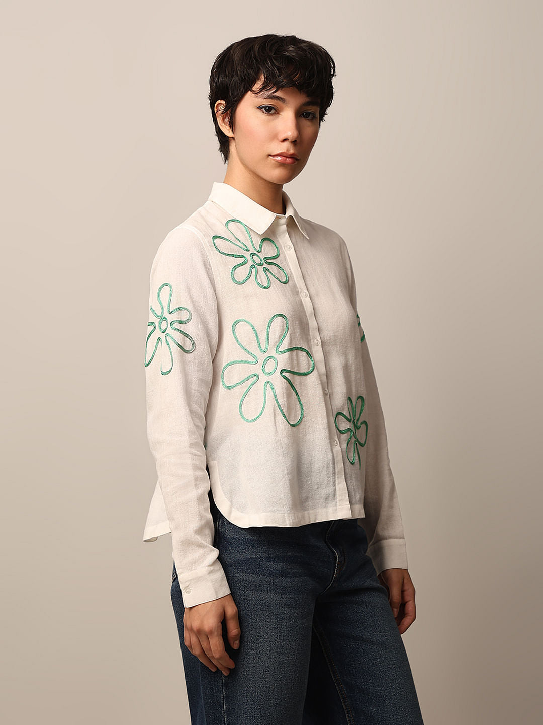 White Cotton Embroidered Shirt