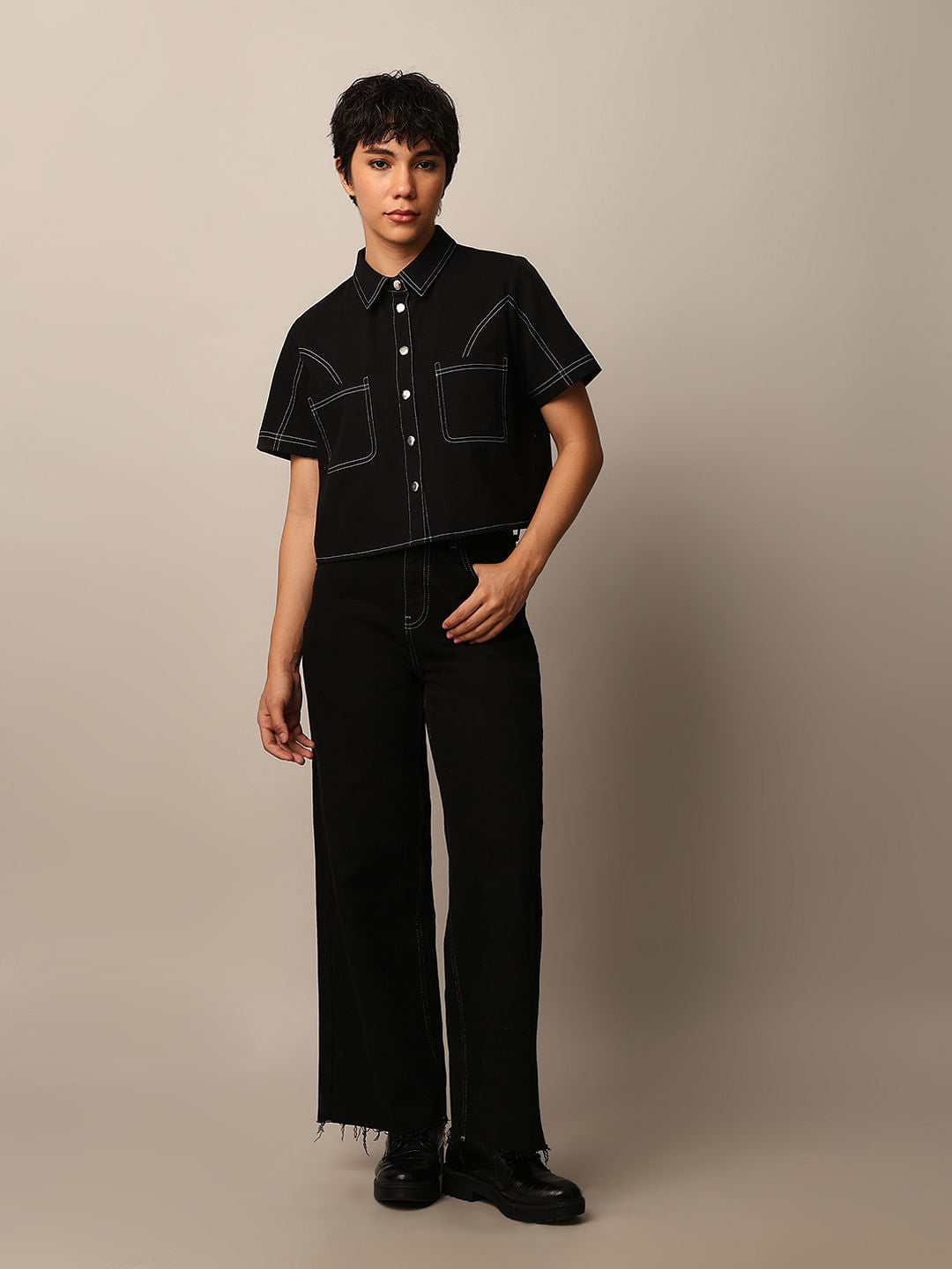 Black Contrast Stitch Cotton Shirt
