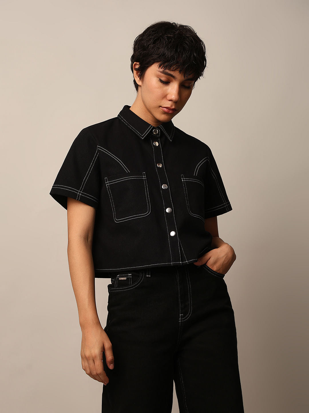 Black Contrast Stitch Cotton Shirt