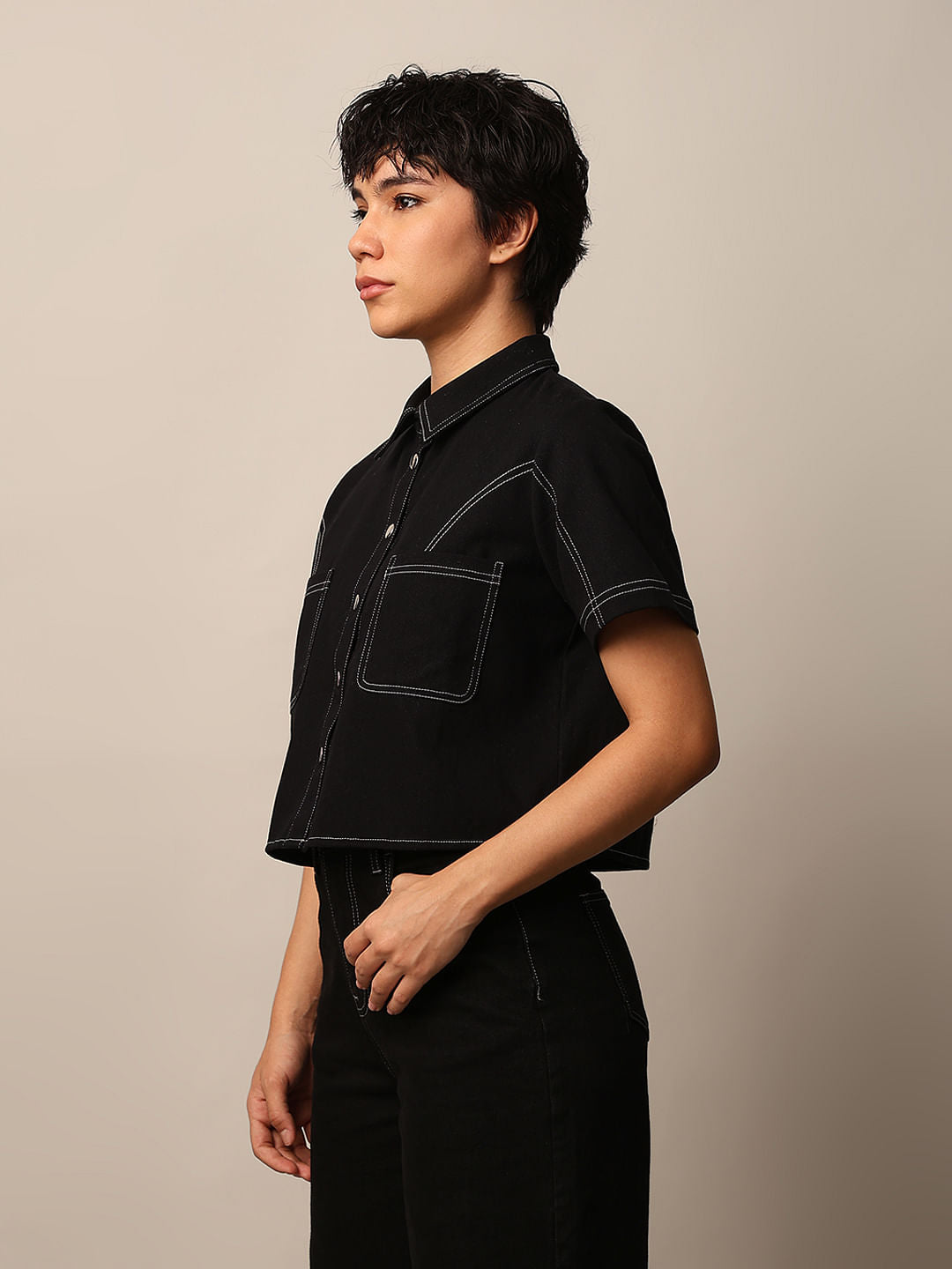 Black Contrast Stitch Cotton Shirt