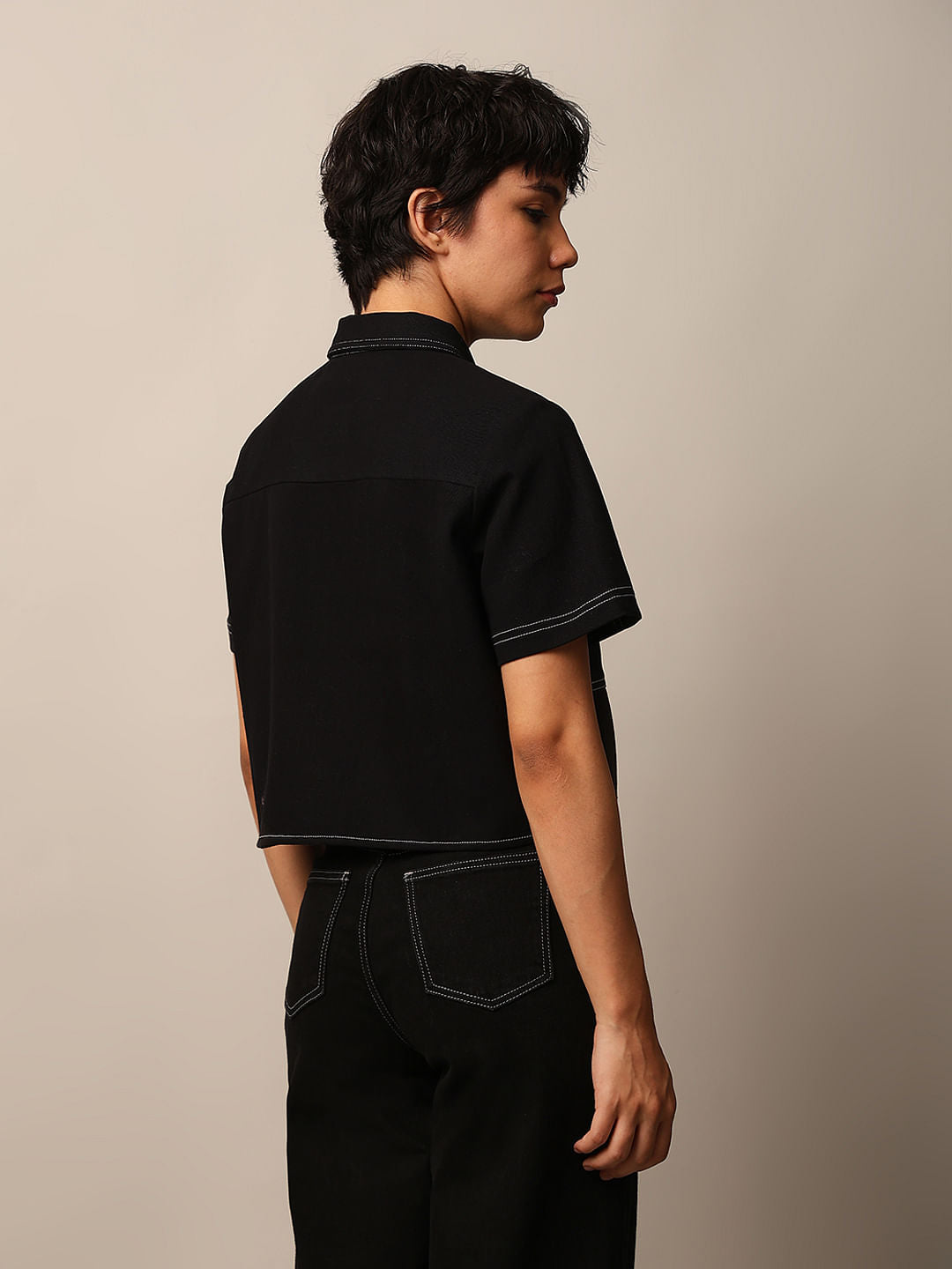 Black Contrast Stitch Cotton Shirt