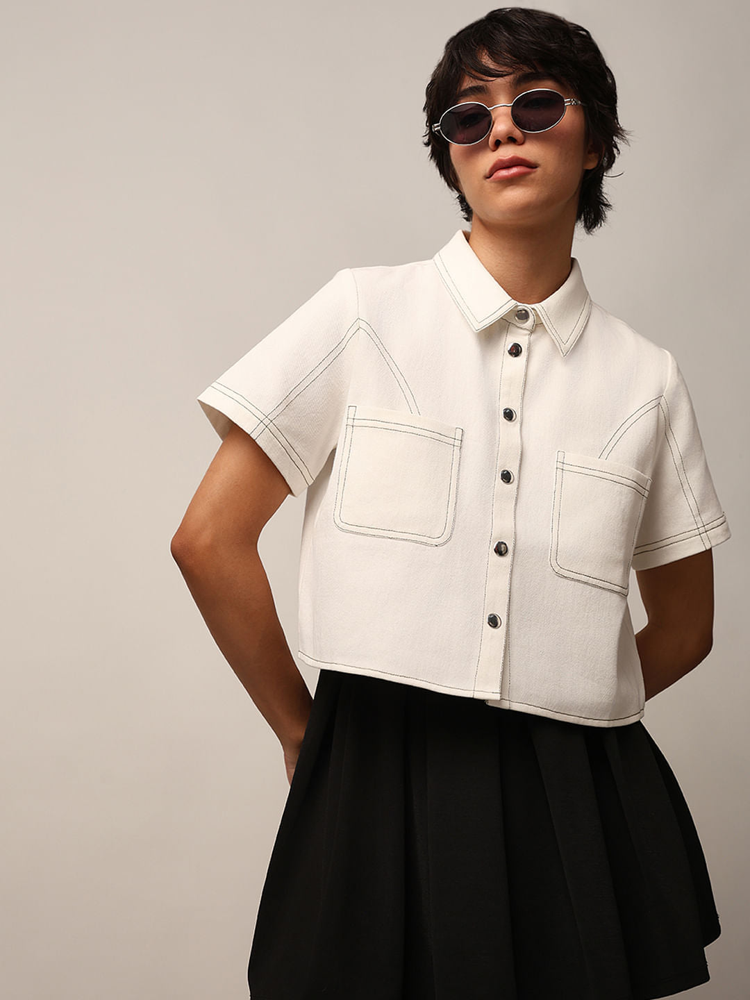 White Contrast Stitch Shirt