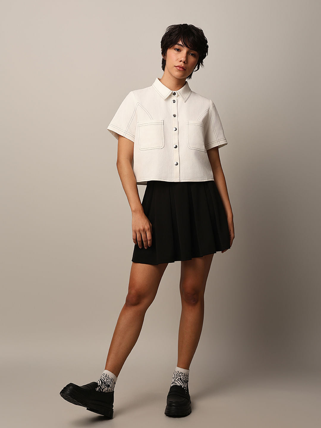 White Contrast Stitch Shirt