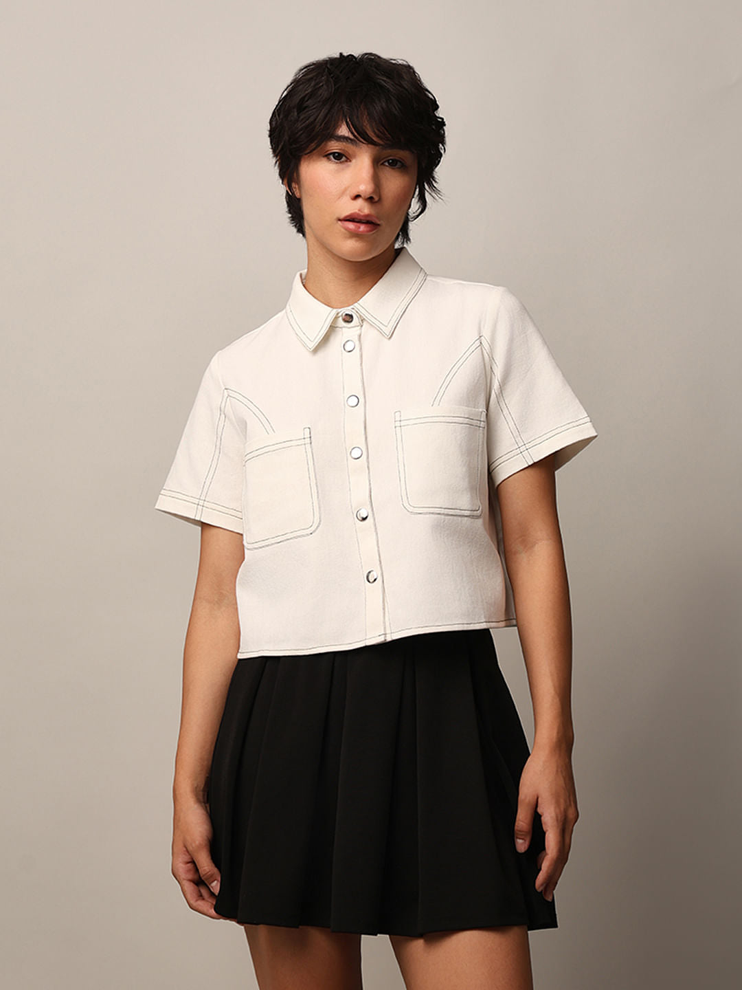 White Contrast Stitch Shirt