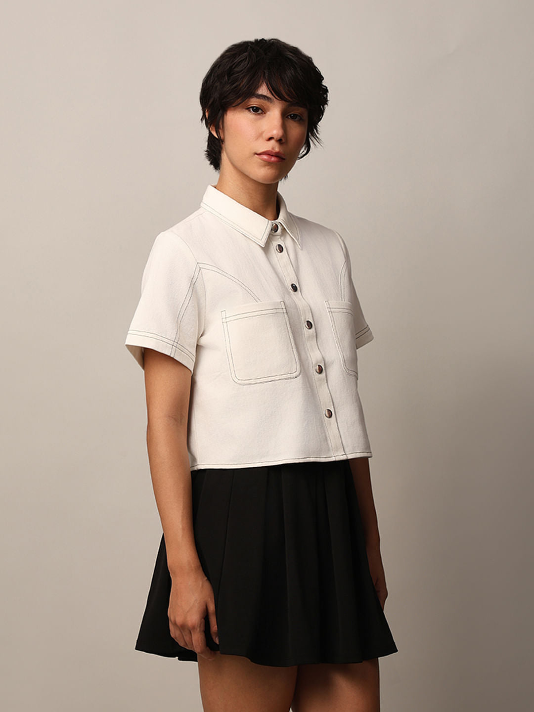 White Contrast Stitch Shirt