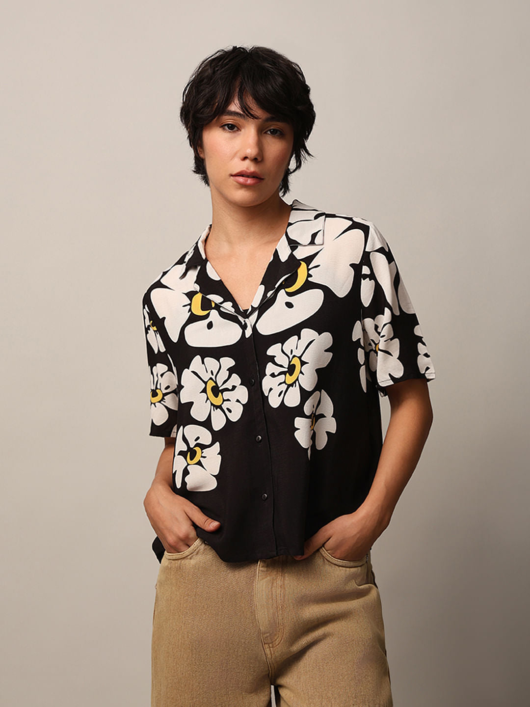 Black Printed Resort Collar Shirt