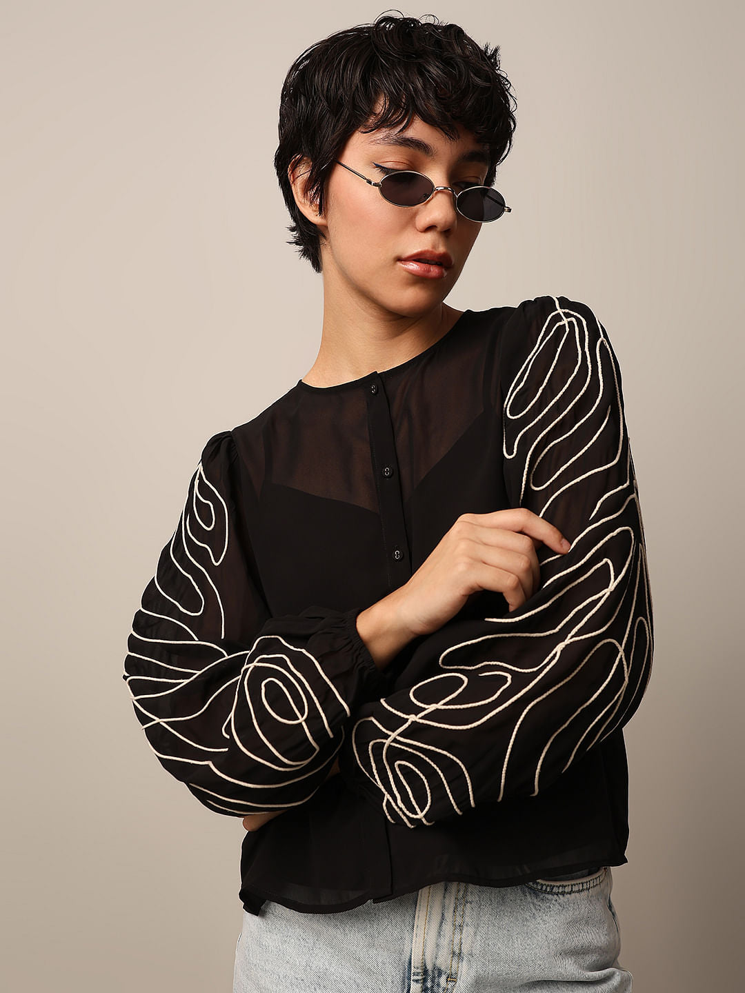 Black Embroidered Sleeves Shirt