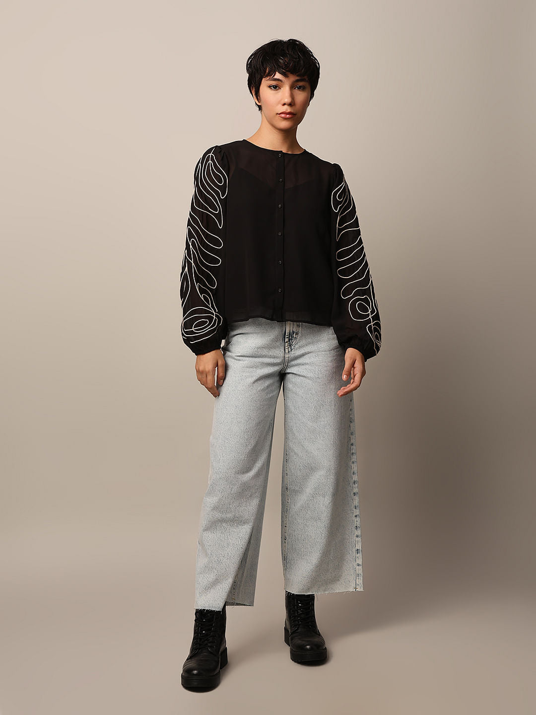 Black Embroidered Sleeves Shirt